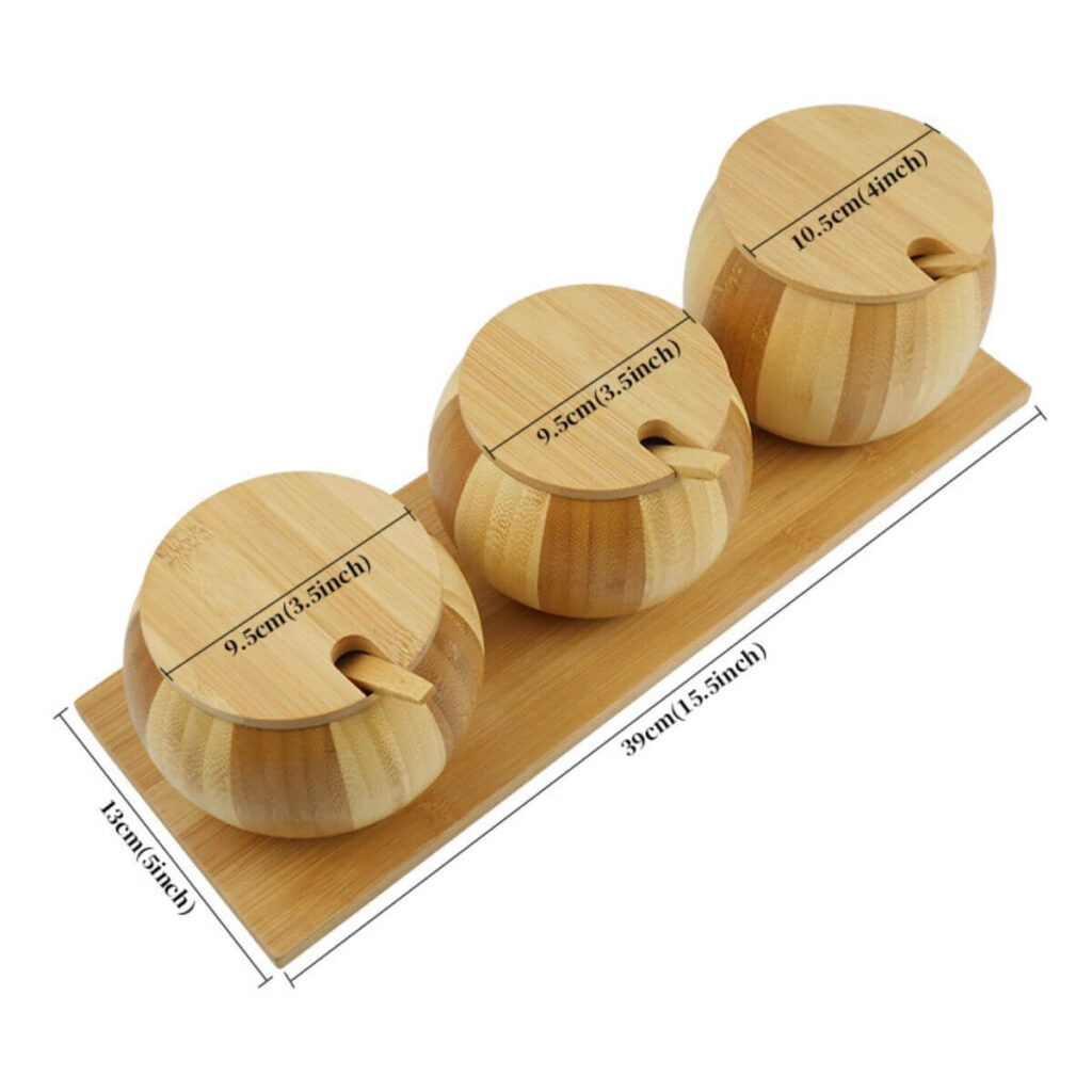 3-piece bamboo spice jar set dimensions: tray 15.5 x 5 inches, jars 3.5-4 inch diameter.
