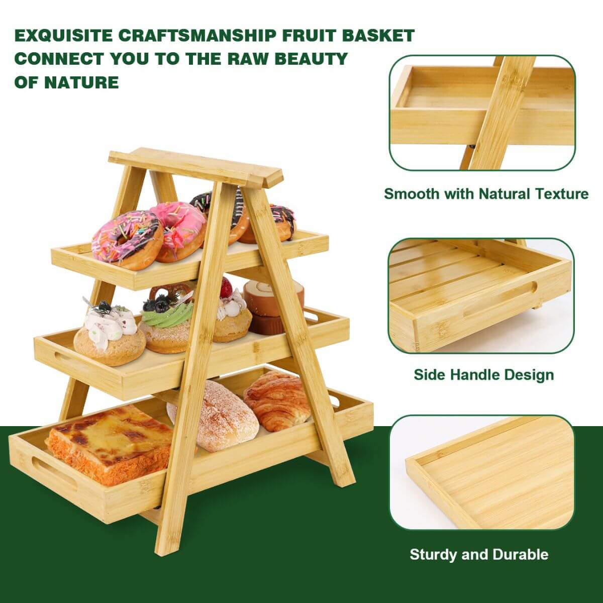 Exquisite craftsmanship fruit basket: smooth with natural texture, side handle design, sturdy and durable.