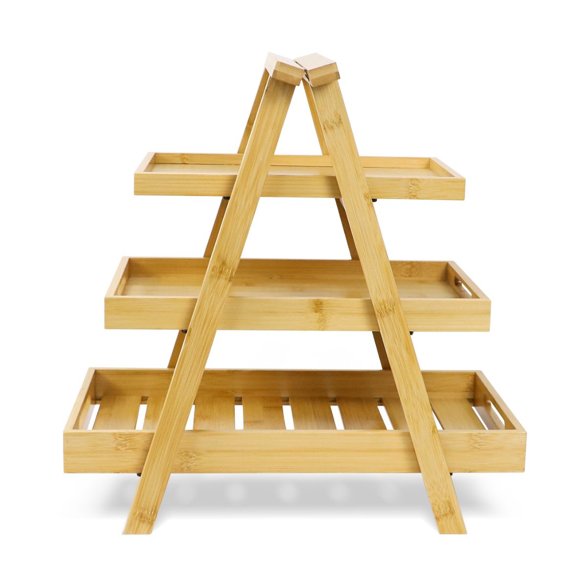 3-tier A-frame bamboo bread display stand with three removable trays, front view on white background.