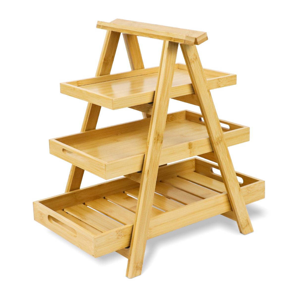 Side view of the 3-tier A-frame bamboo bread display stand.