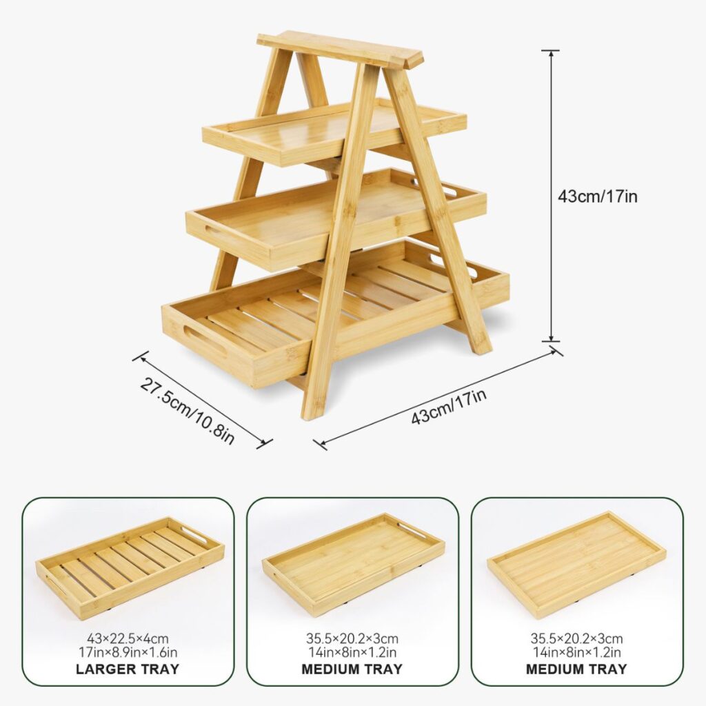 3-tier A-frame bamboo stand dimensions: 17 inch height, 17 x 10.8 inch base, large tray 17 x 8.9 x 1.6 inch, medium tray 14 x 8 x 1.2 inch.