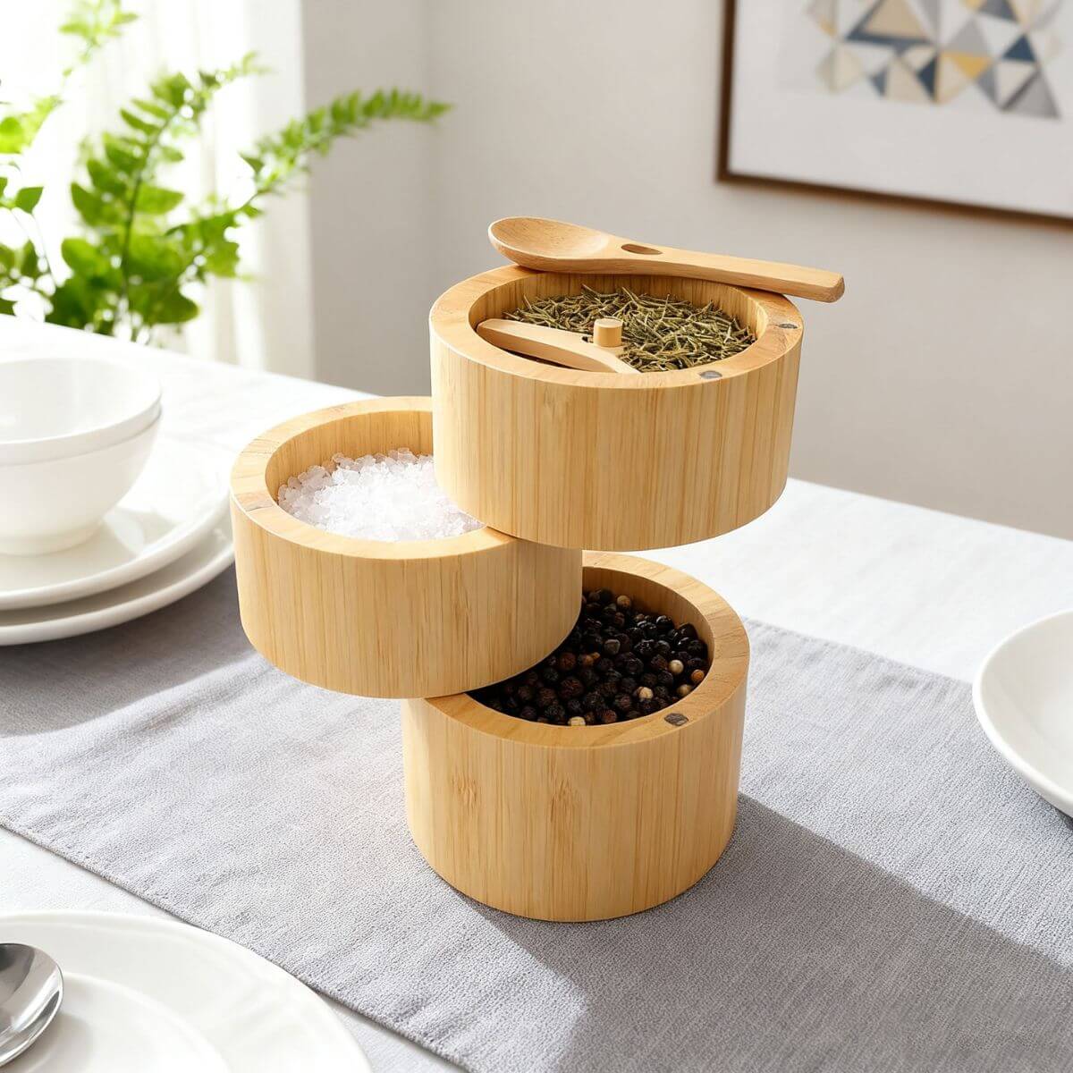 3-tier bamboo spice tower in use with the center peg spoon lock.