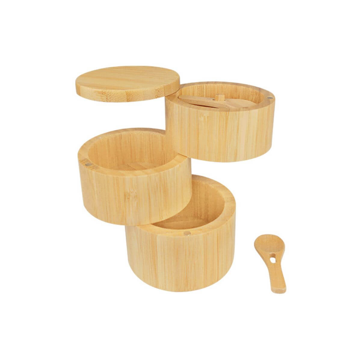 3-tier revolving bamboo spice tower, front view on white background.