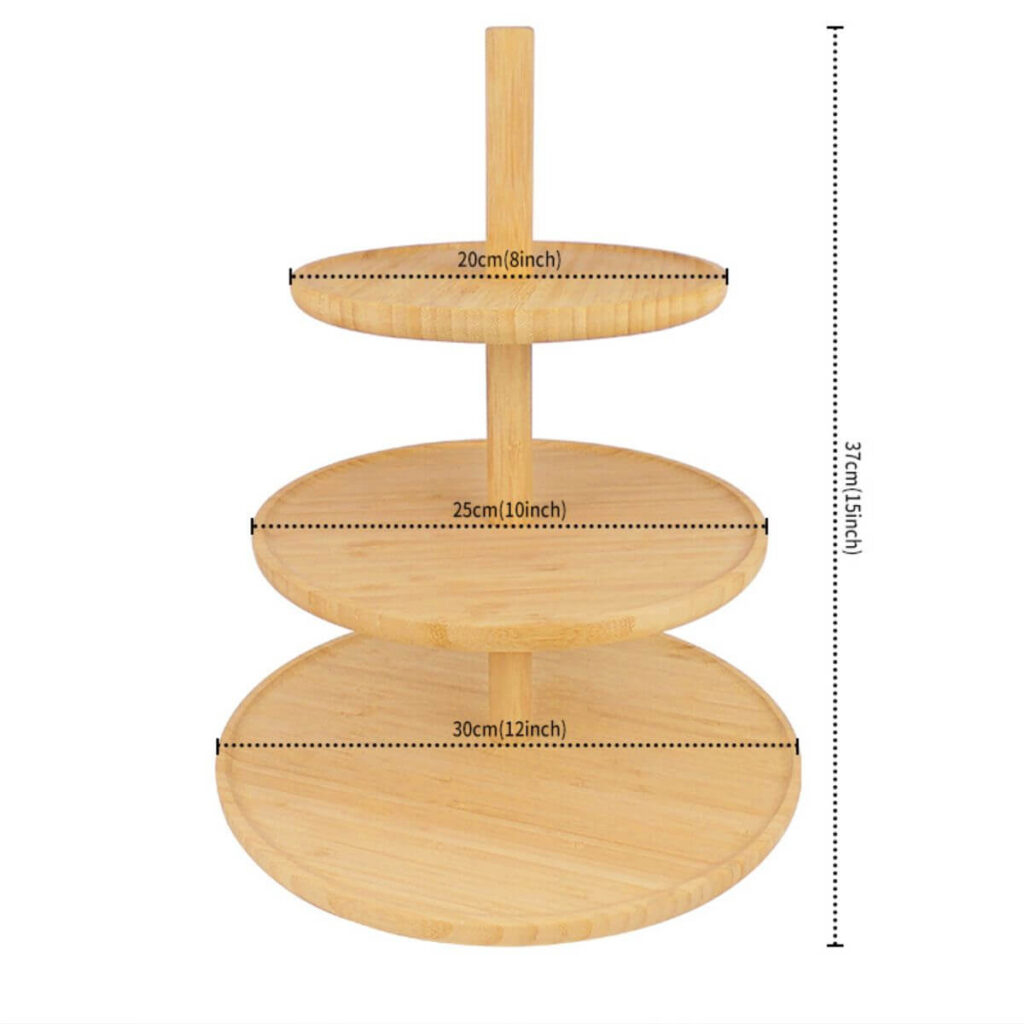 3-tier bamboo dessert stand dimensions: 15 inch height, 8 inch top tier, 10 inch middle tier, 12 inch bottom tier.