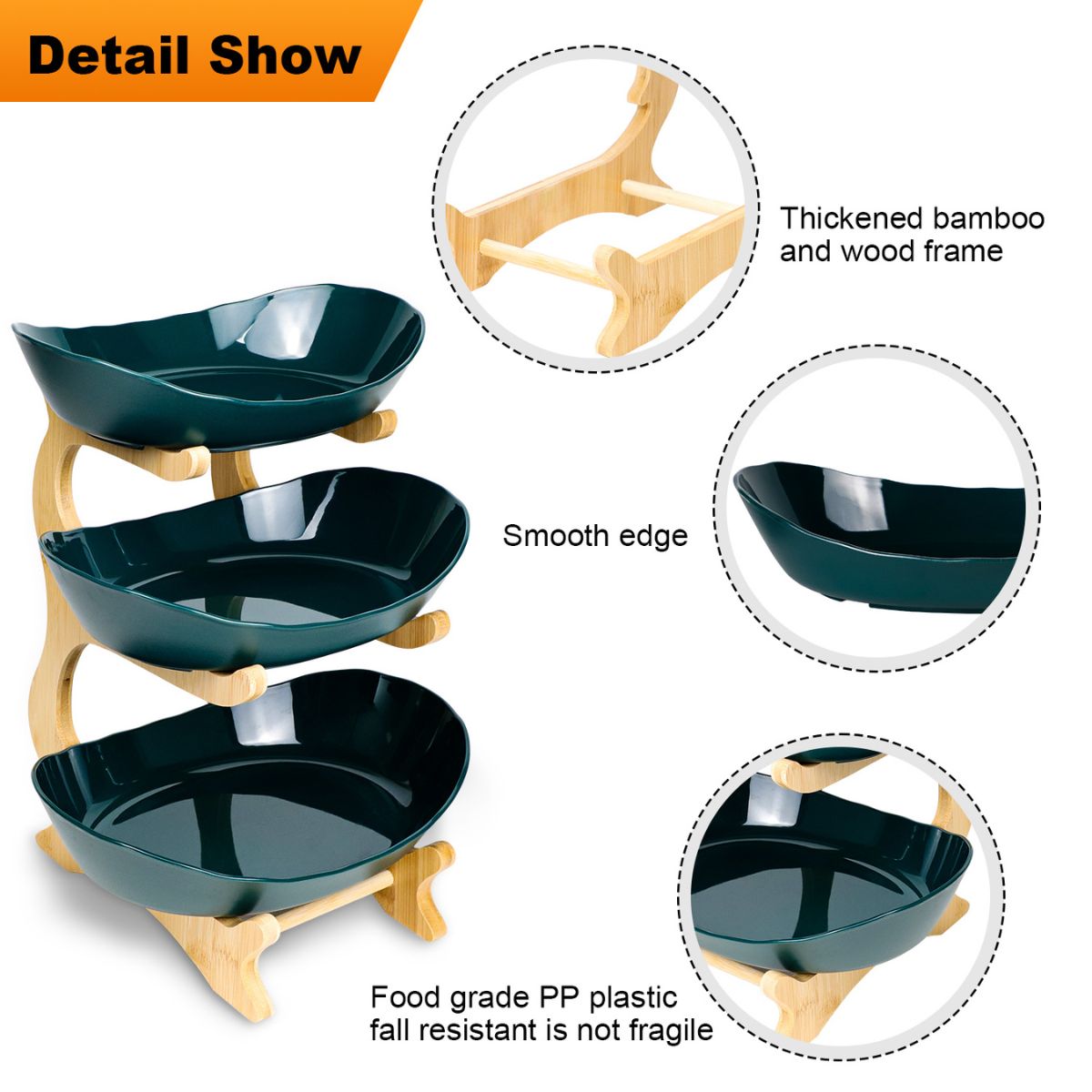 Detail show: smooth edge, food-grade PP plastic fall-resistant and not fragile, thickened bamboo frame.