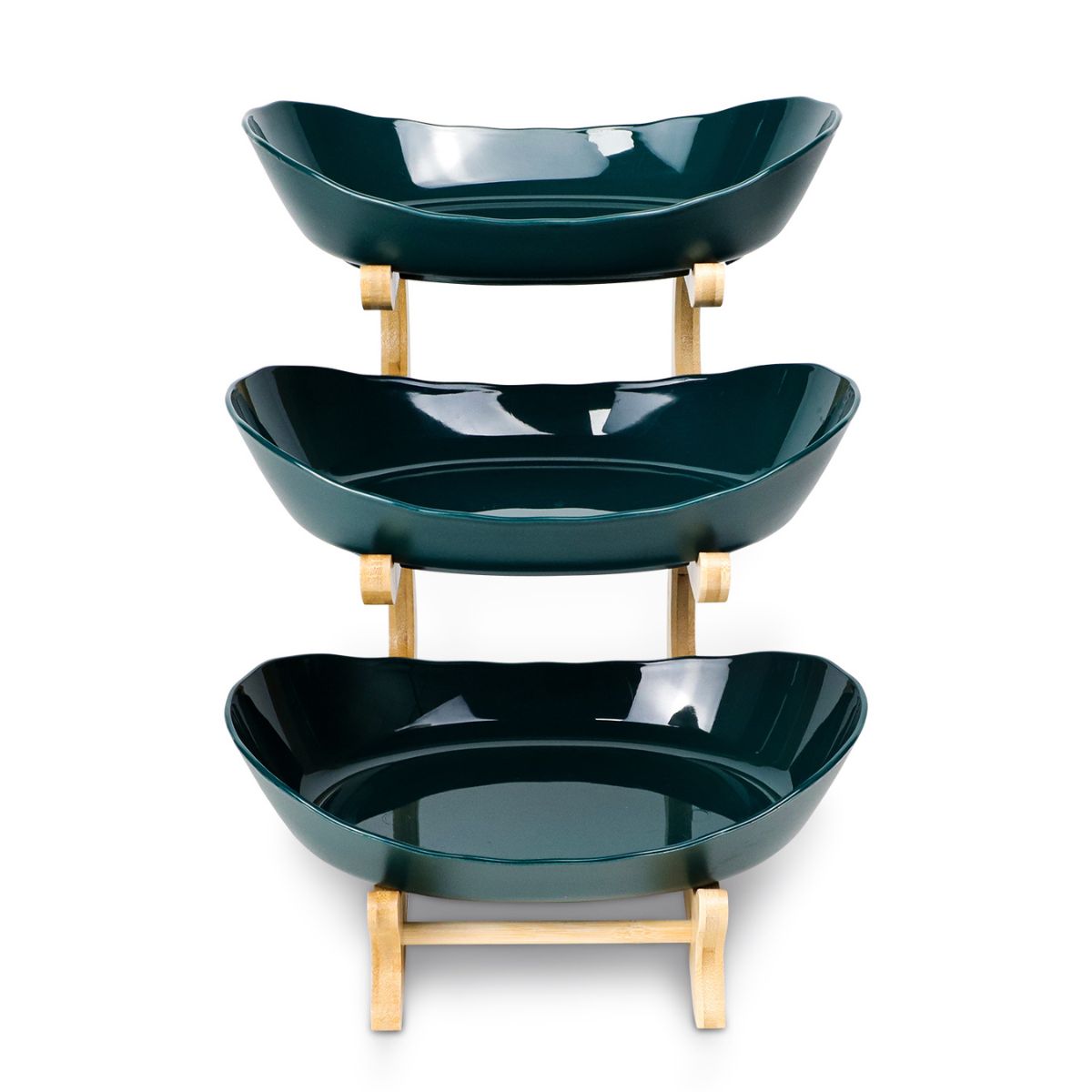 3-tier modern wave bowl fruit stand with bamboo frame and dark green bowls, front view on white background.