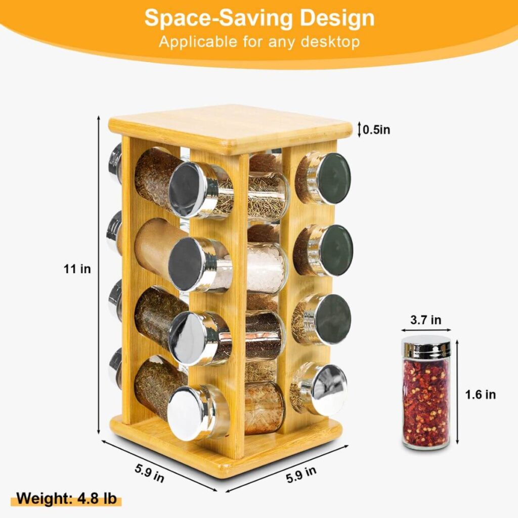 Bamboo spice tower dimensions: 11 inch height, 5.9 x 5.9 inch base, 4.8 lbs.