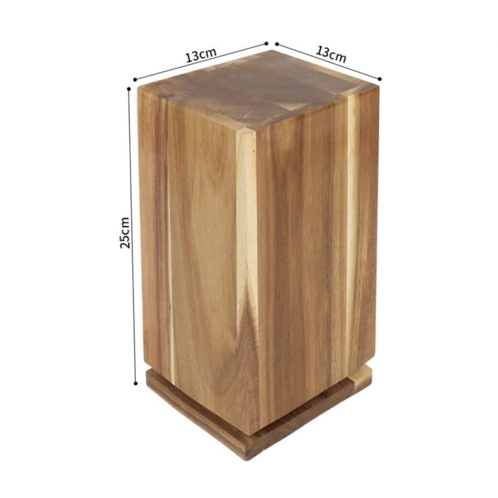 360° rotating acacia knife block dimensions: 5.1 x 5.1 inch base, 9.8 inch height.