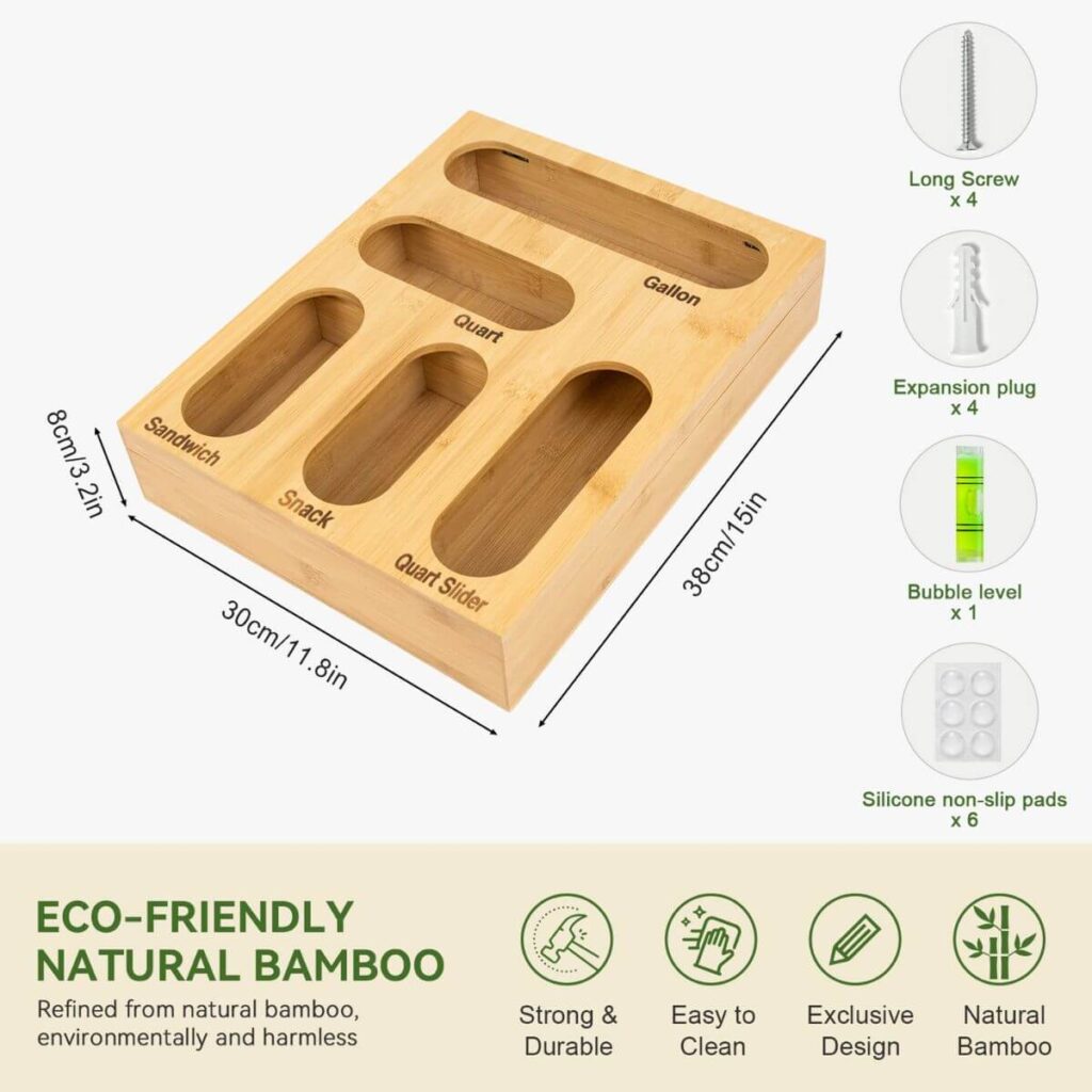 4-slot bamboo bag organizer dimensions: 15 x 11.8 x 3.2 inches.