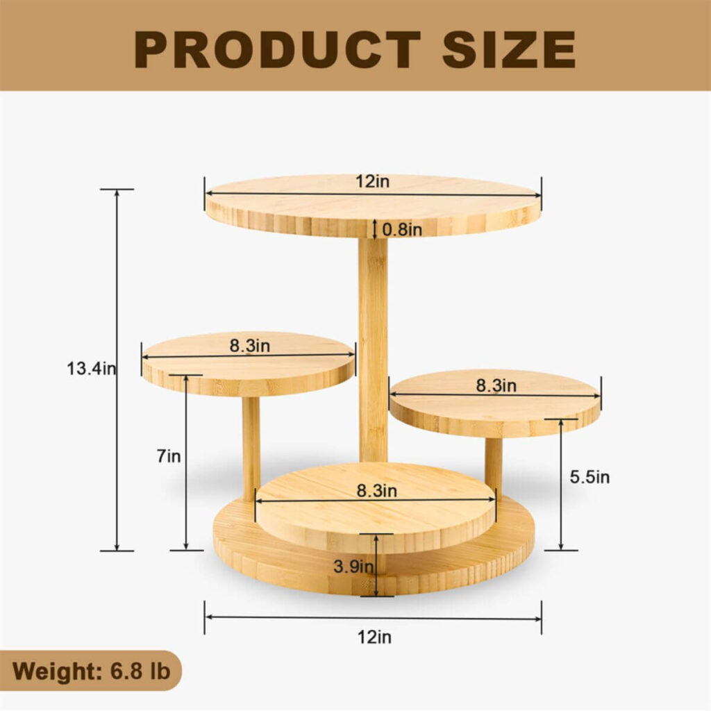 4-tier round bamboo cupcake stand dimensions: 12 inch width, 13.4 inch height, 6.8 lbs.