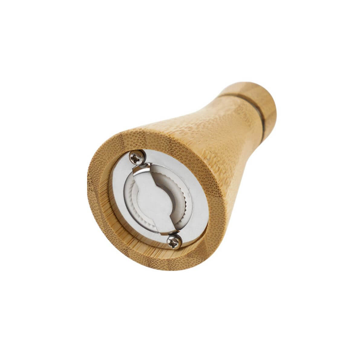 Bottom detail of the bamboo pepper mill showing the stainless steel ring and grinding mechanism.