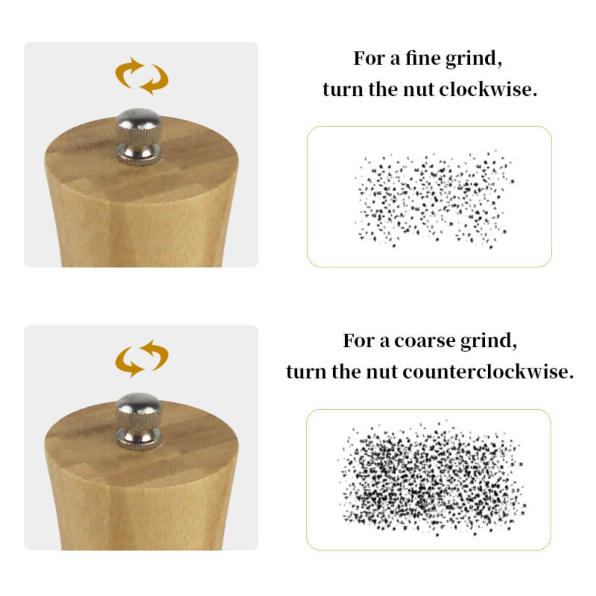 Adjustable coarseness: turn the nut clockwise for fine grind, counterclockwise for coarse grind.