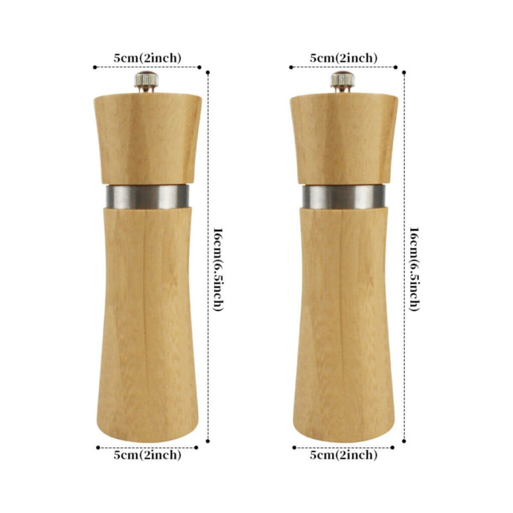 6.5-inch bamboo pepper mill dimensions: 6.5 inch height, 2 inch diameter.