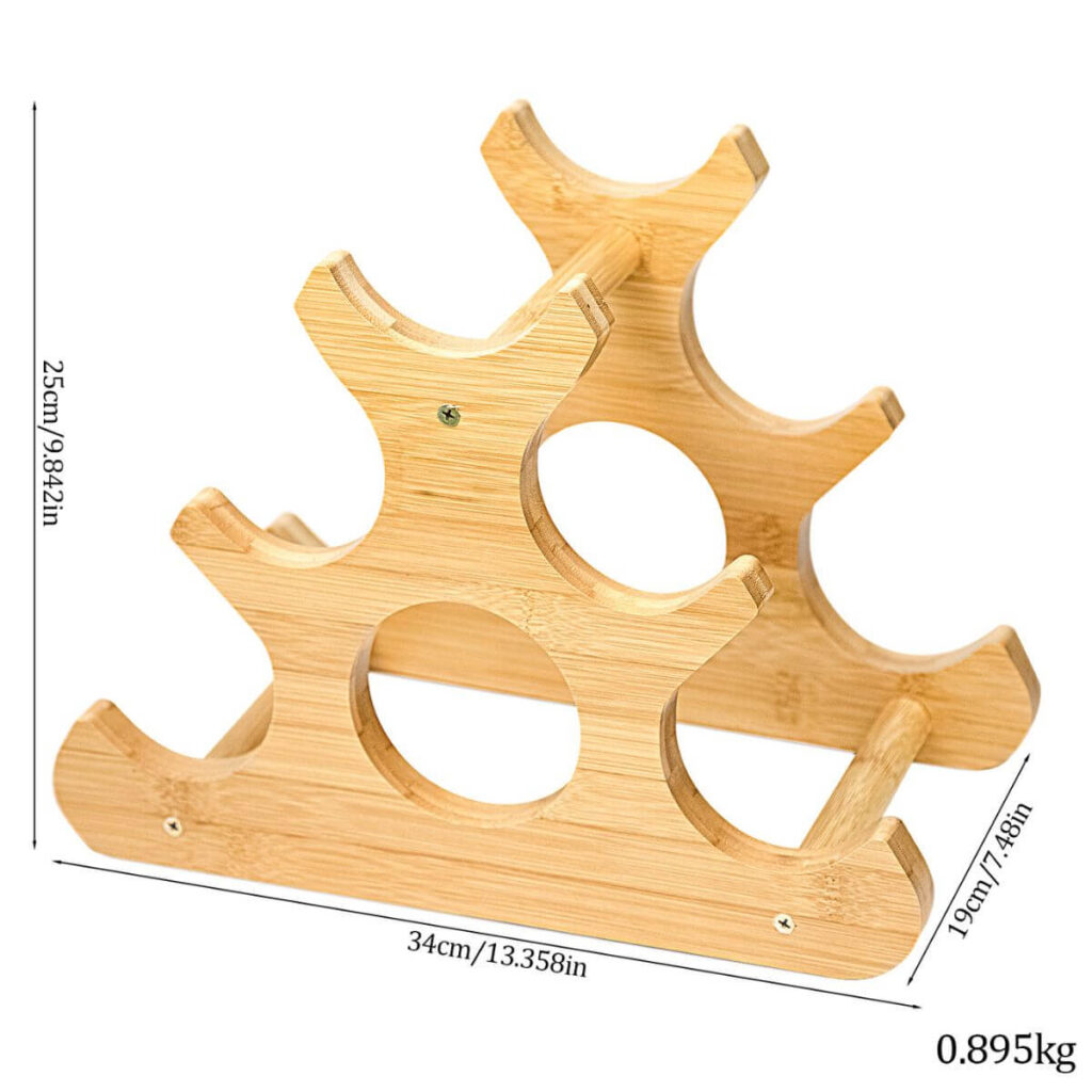 6-bottle pyramid bamboo wine rack dimensions: 13.35 x 7.48 x 9.84 inches, 1.97 lbs.