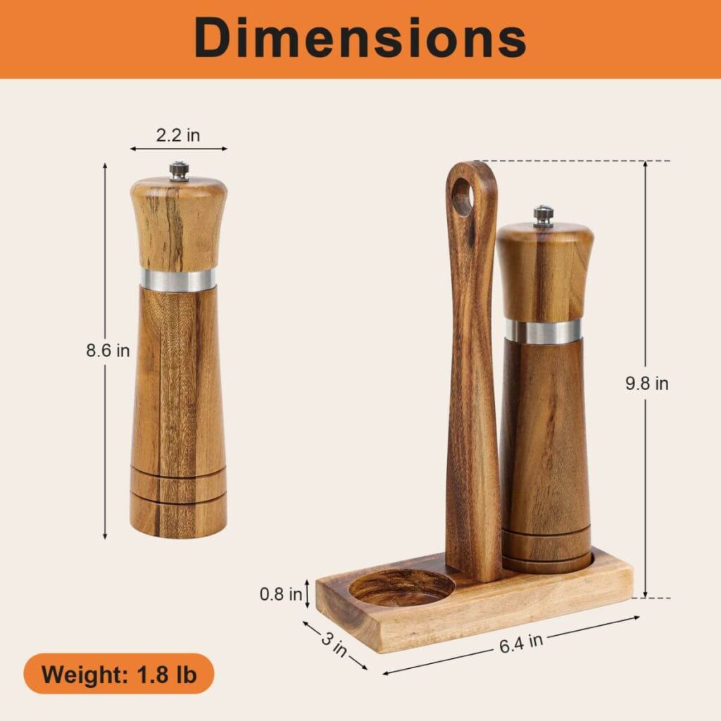 8.6-inch acacia mill dimensions: 8.6 inch height, 2.2 inch diameter, 6.4 x 3 x 0.8 inch caddy, 1.8 lb set.