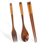 3-piece acacia wood flatware set with thread-wrapped handles, facing down on white background.