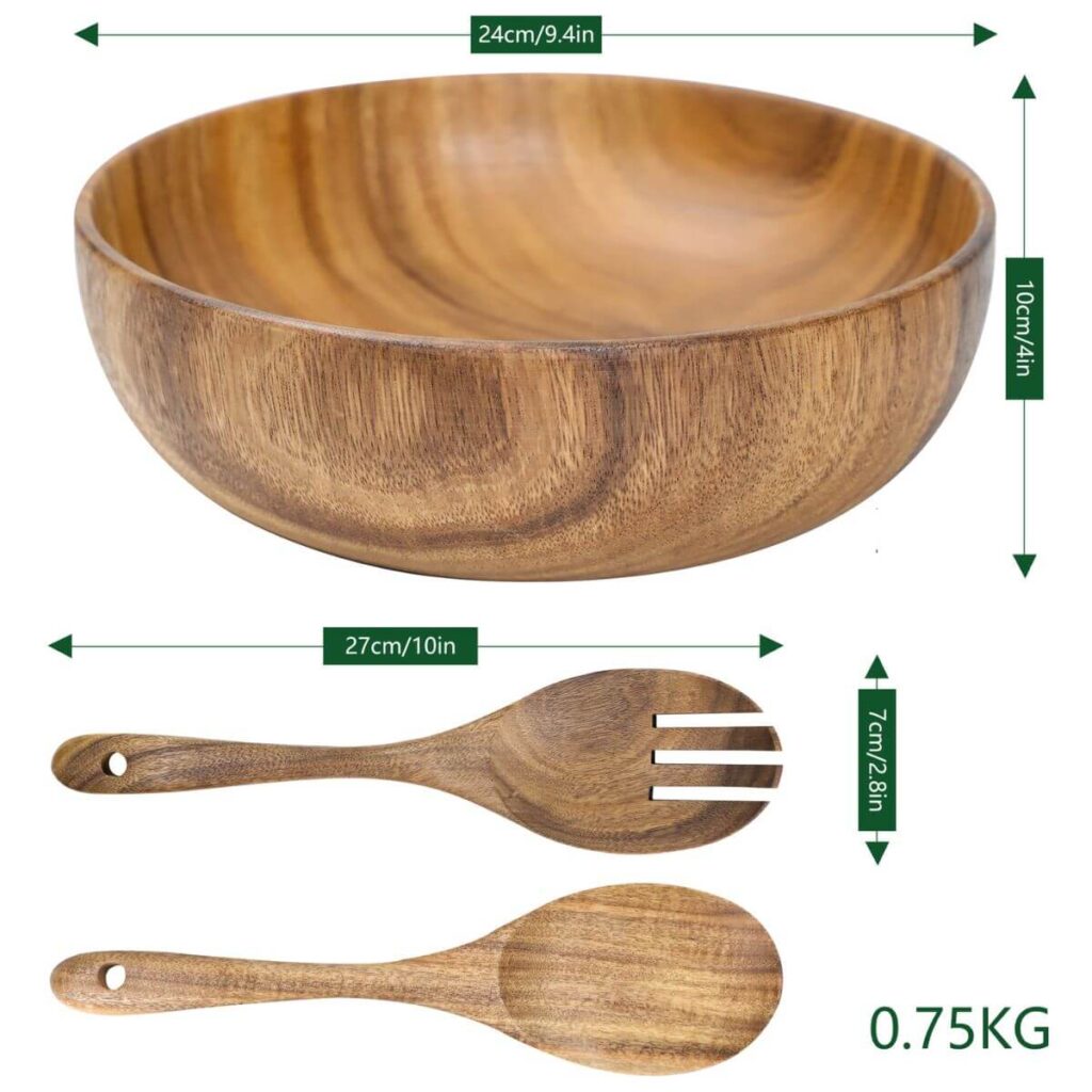 Acacia wood salad bowl dimensions: 9.4 inch diameter, 4 inch height, utensils 10 inch.