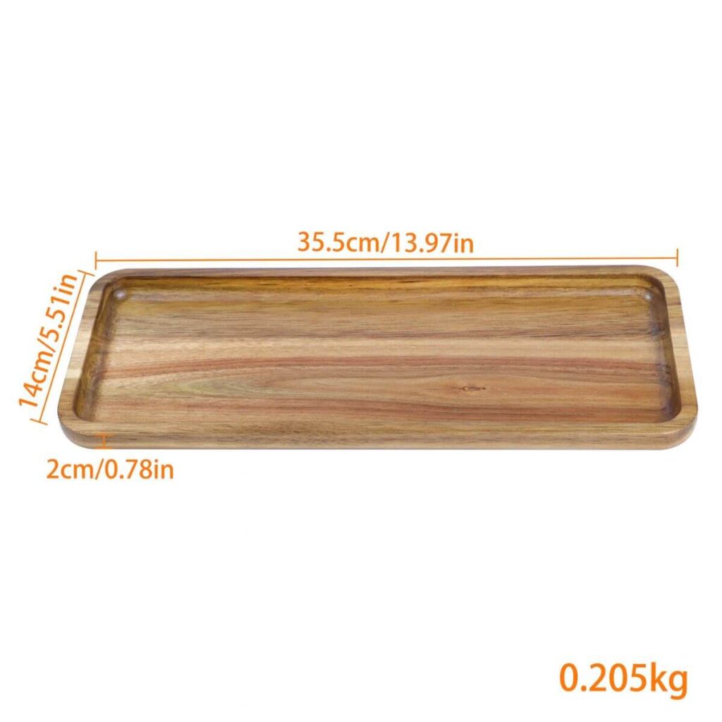 Acacia wood serving tray dimensions: 13.97 inch length, 5.51 inch width, 0.78 inch raised rim height.
