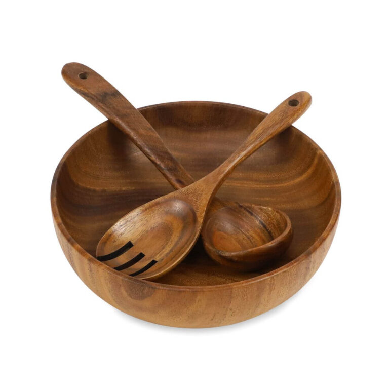 Acacia Wood Straight-Wall Salad Bowl Set with Deep Spoon & Fork