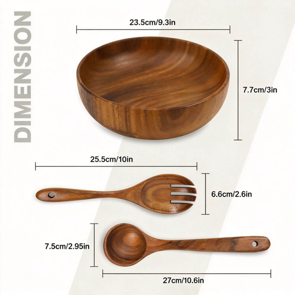 Acacia wood straight-wall salad bowl dimensions: 9.3 inch diameter, 3 inch height, deep spoon and fork.