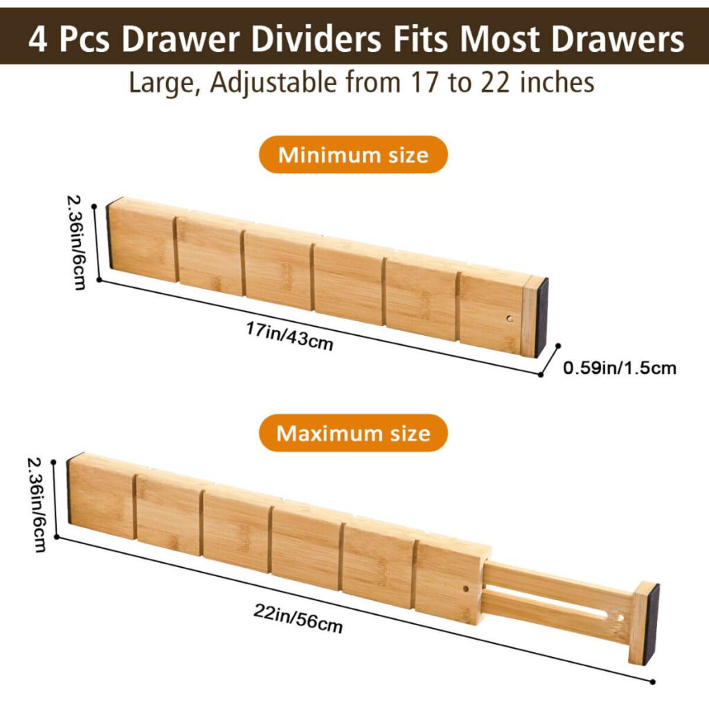 Adjustable bamboo drawer dividers dimensions: 43–56 cm main dividers, 18/12/8 cm inserts, 6 cm height.
