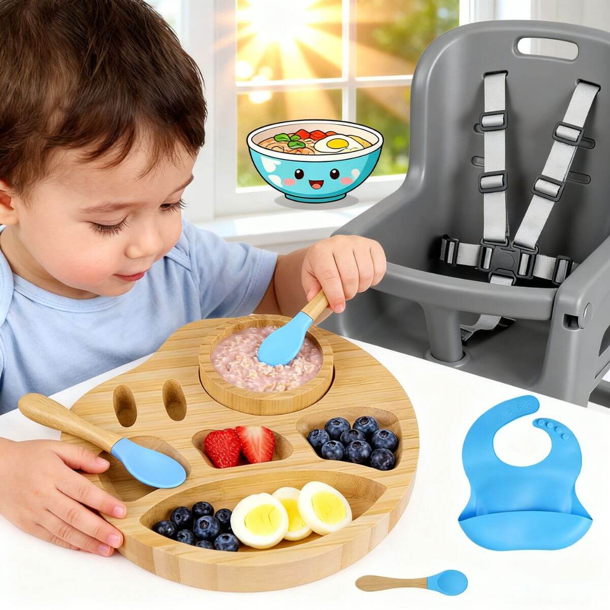 Baby eating from the all-in-one bamboo divided plate set.