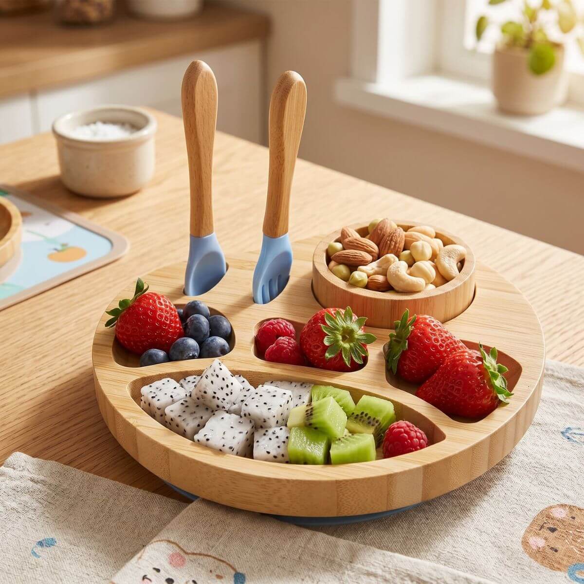 Bamboo divided plate filled with food, spoon and fork standing upright in the slots.