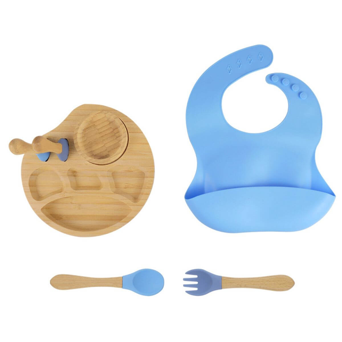 All-in-one bamboo divided plate set with utensil slots and removable suction bowl, front view on white background.