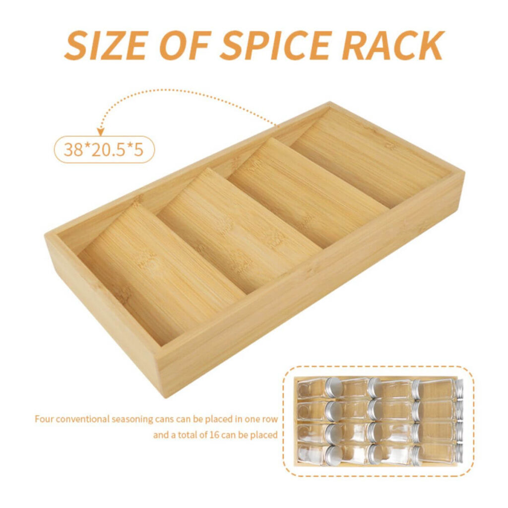 All-in-one bamboo spice rack dimensions: 38 x 20.5 x 5 cm.