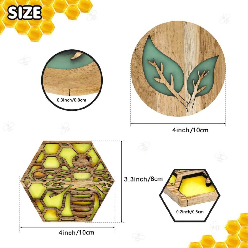 Coaster dimensions: round leaf 4 inch diameter x 0.3 inch thick, hexagon bee 4 x 3.3 x 0.2 inches.