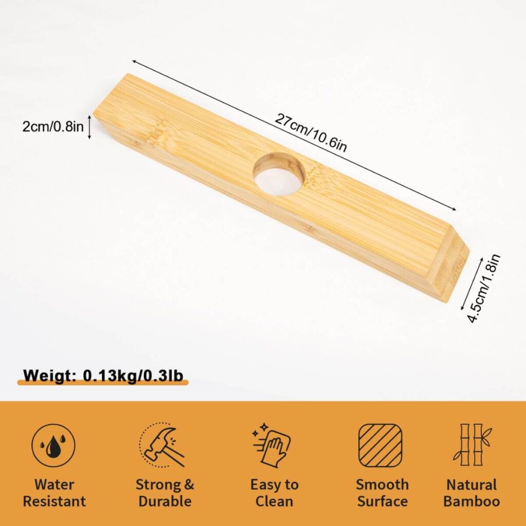 Balancing bamboo wine bottle holder dimensions: 10.6 x 1.8 x 0.8 inches, 0.3 lb.