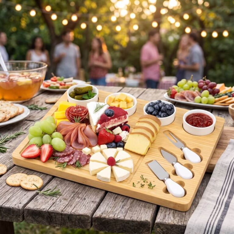 Bamboo charcuterie board with 4 round ceramic bowls and 3 stainless steel cheese knives.