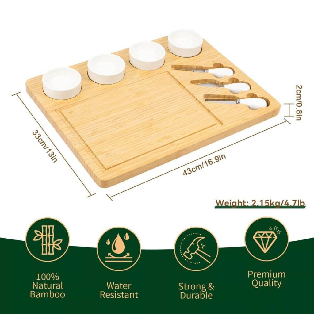 Bamboo charcuterie board dimensions: 16.9 x 13 x 0.8 inches, 4.7 lbs.