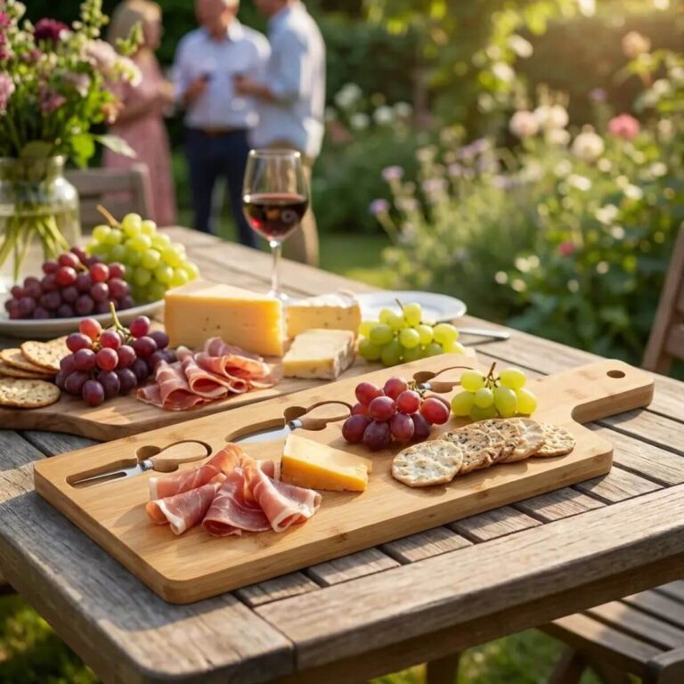 Bamboo cheese and charcuterie board with 3-piece stainless steel knife set, carry handle, and built-in knife slot.
