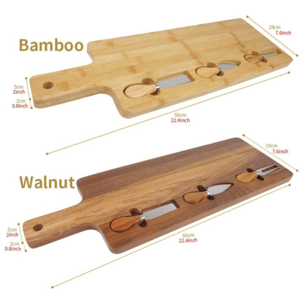 Bamboo cheese board dimensions: 22.4 inch total length, 7.6 inch body width, 0.8 inch thick.