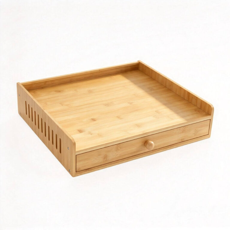 Bamboo coffee pod storage drawer with removable 35-pod grid, front view on white background.