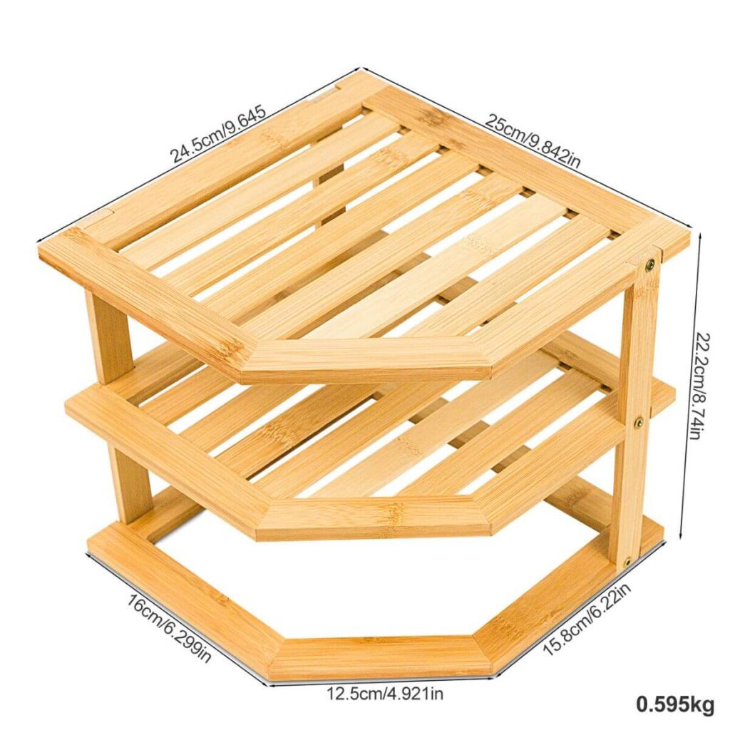 Bamboo corner shelf dimensions: 8.74 inch height, 9.645 x 9.842 inch top platform, 0.595 kg.