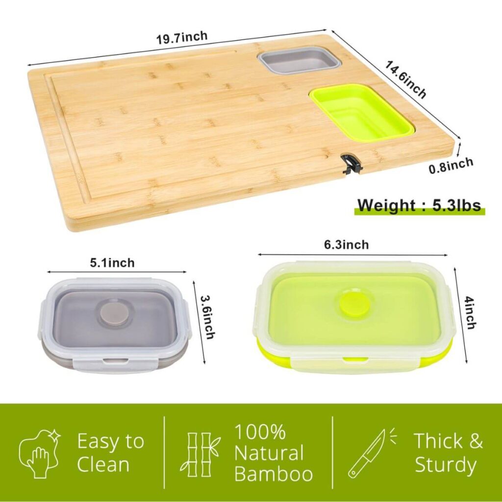 Bamboo cutting board dimensions: 19.7 x 14.6 inches, 0.8 inch thick, 5.3 lbs.