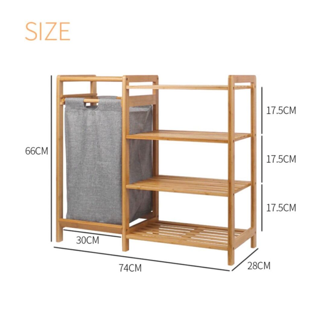 Bamboo laundry hamper dimensions: 74 x 28 x 66 cm, shelf height 17.5 cm.