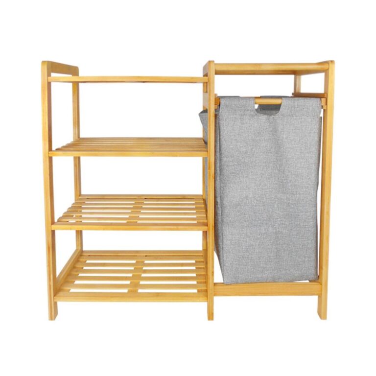 Tall bamboo laundry hamper with removable bag and 4-tier open shelf, front view on white background.