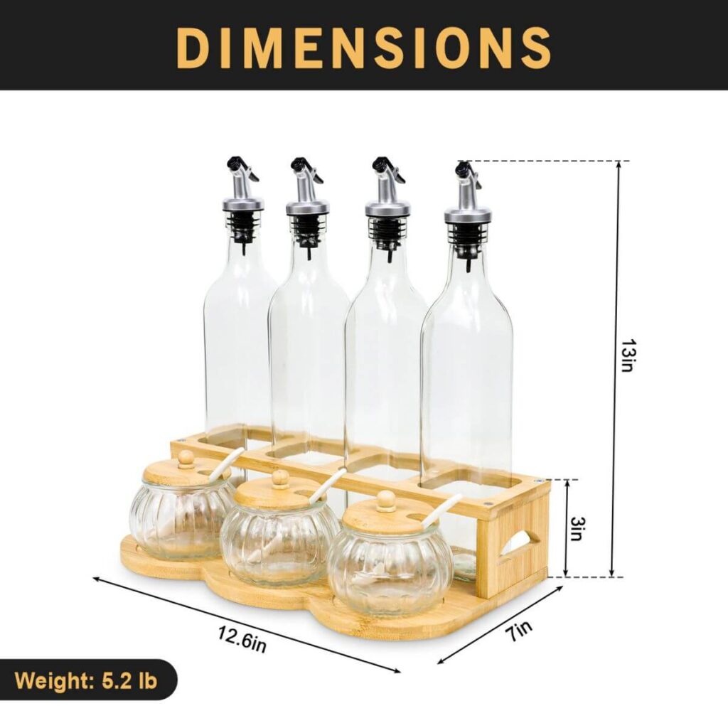 Bamboo organizer set dimensions: 12.6 x 7 inches, 13 inch total height, 3 inch base height, 5.2 lbs.