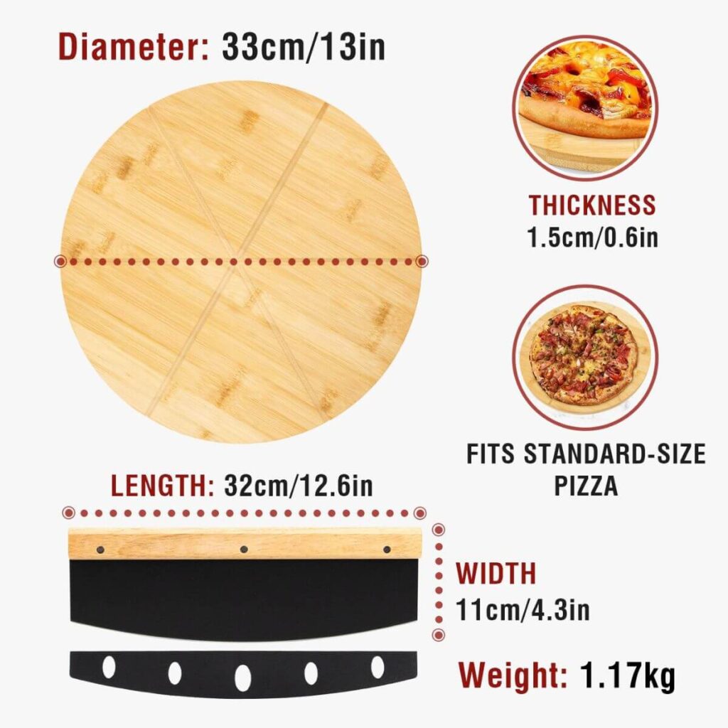 Bamboo pizza board dimensions: 13 inch diameter, 0.6 inch thick, rocker cutter 12.6 x 4.3 inches.