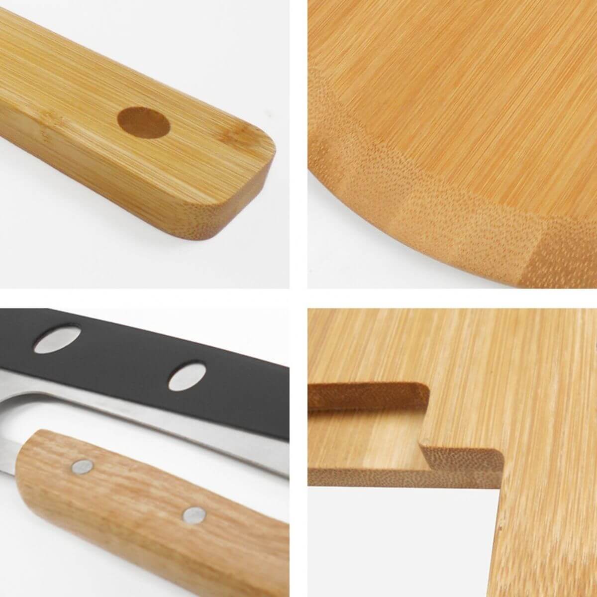 Bamboo pizza peel features: handle, tapered front edge, rocker knife, and magnetic storage slot.