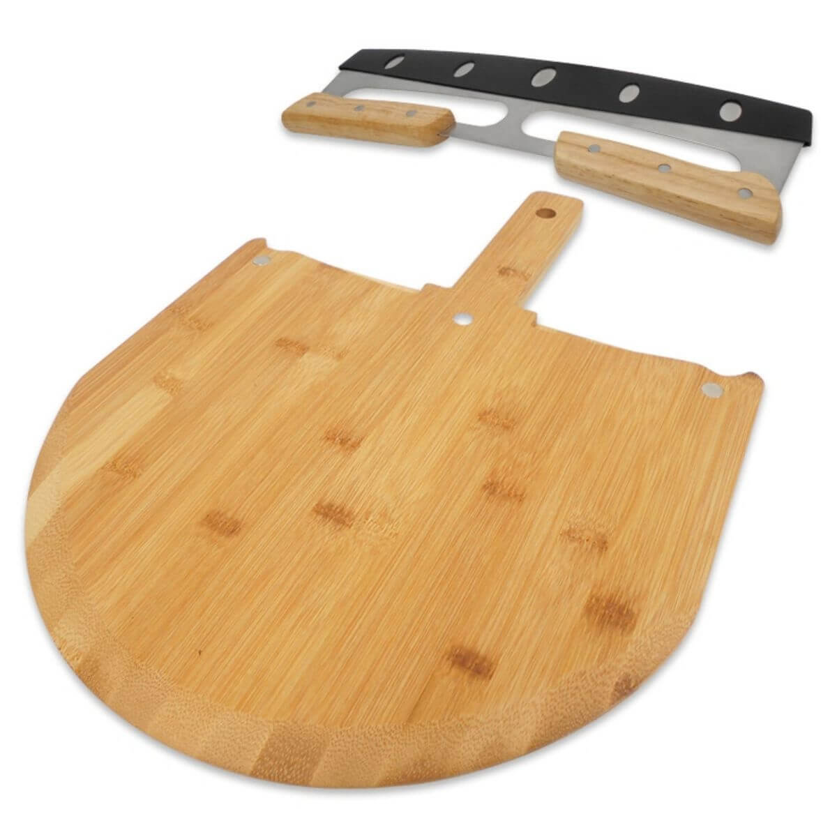 Bamboo pizza peel showing built-in magnetic dots on the board.