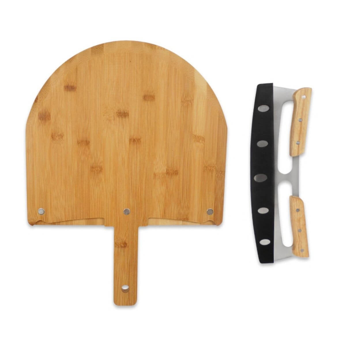 Bamboo pizza peel with rocker knife separated from the board.