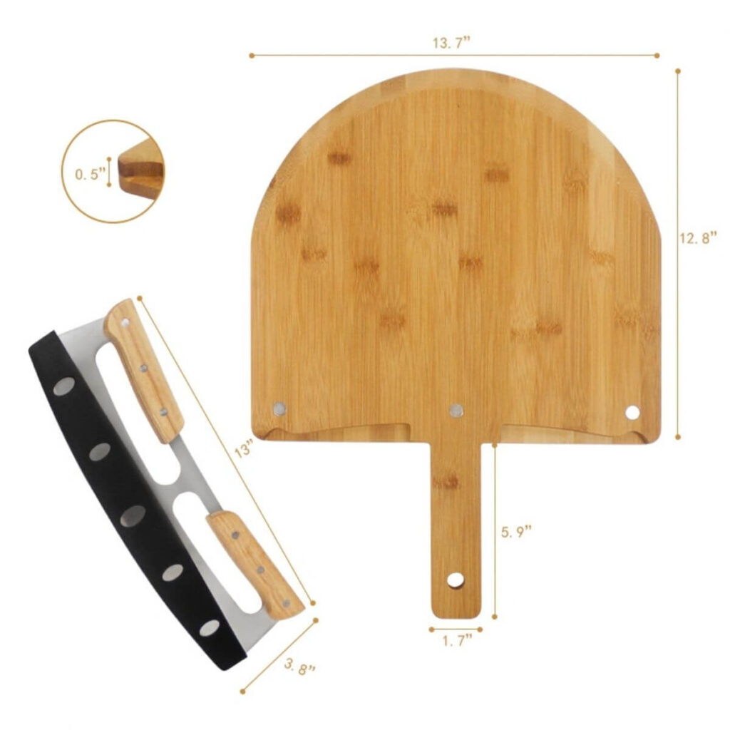 Bamboo pizza peel dimensions: 13.7 inch wide, 12.8 inch board length, 0.5 inch thick, rocker knife 13 x 3.8 inches.