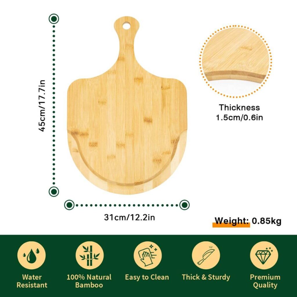 Bamboo pizza peel dimensions: 17.7 inch total length, 12.2 inch max width, 0.6 inch thick.