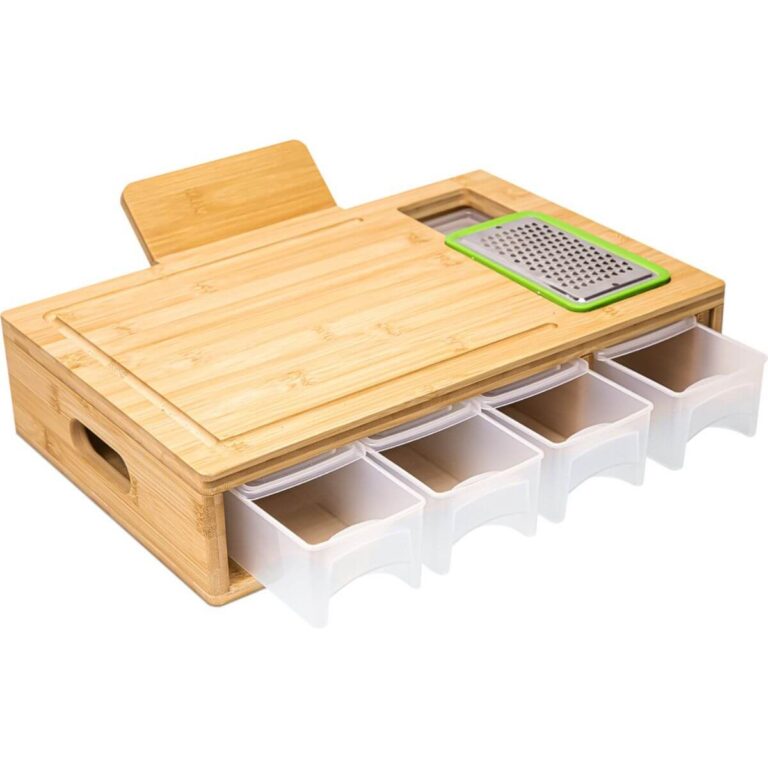 Bamboo Prep Board with 4 Food Storage Drawers & Built-in Tools