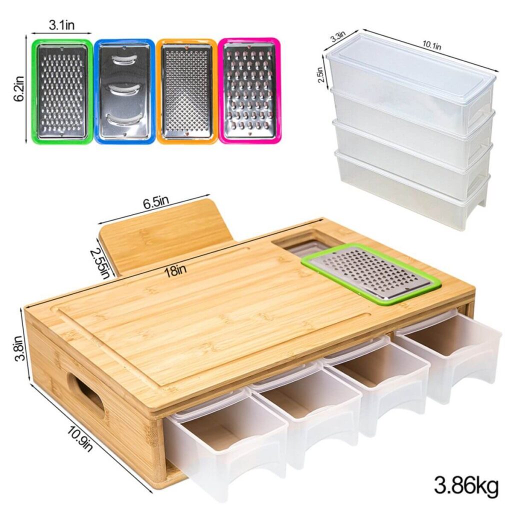 Bamboo prep board dimensions: 18 x 10.9 x 3.8 inches, 3.86 kg.
