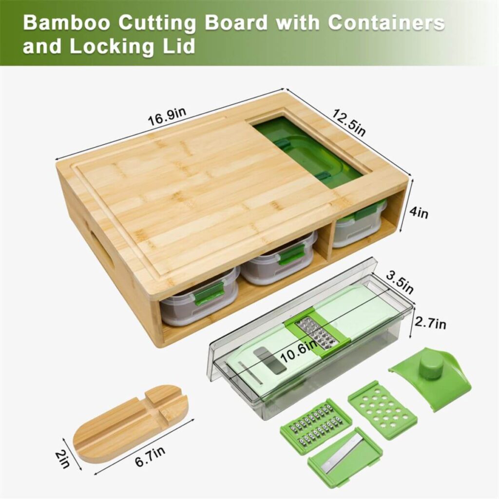 Bamboo prep board and container dimensions.